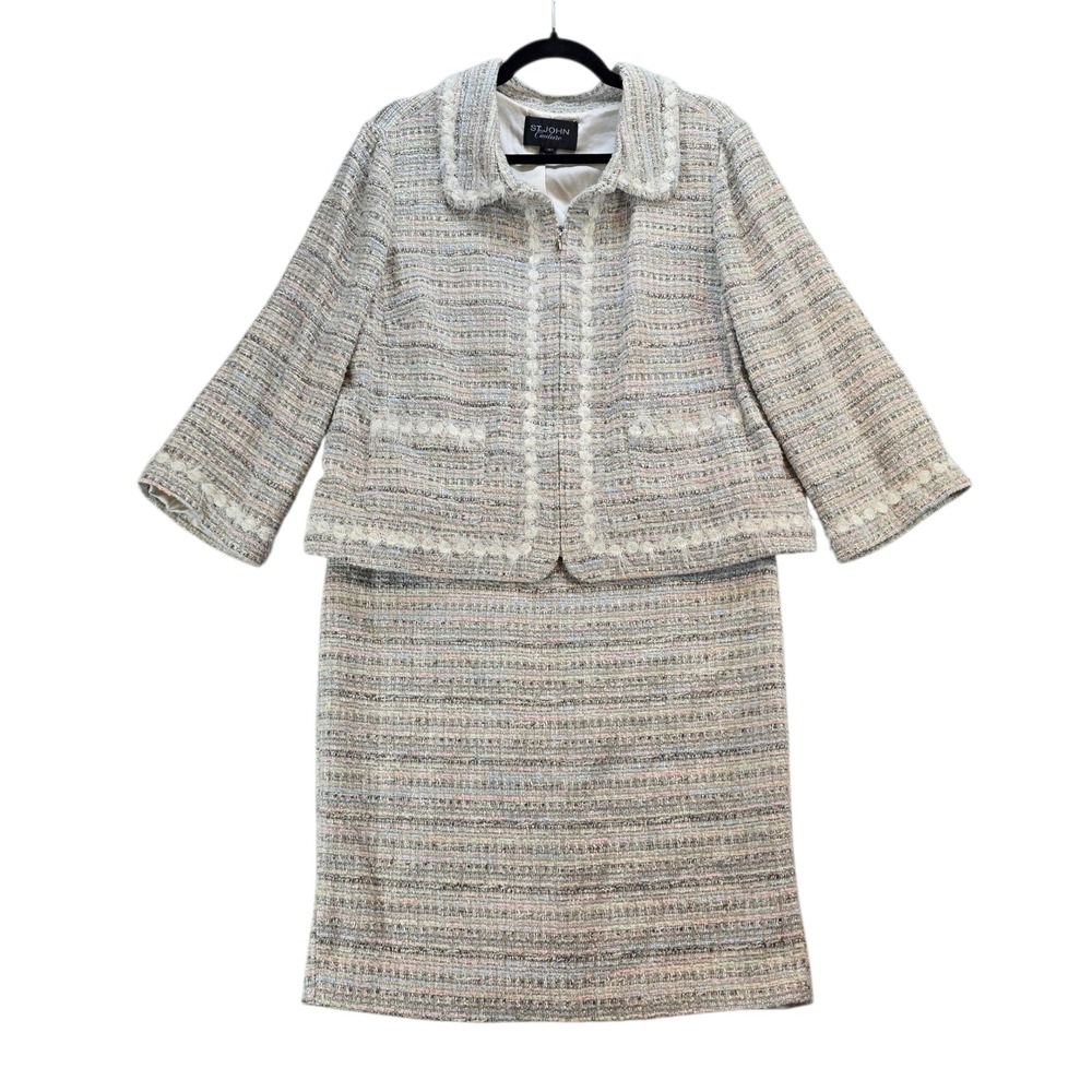 St. John Couture Knit Tweed‎ Skirt Suit Set Multicolor Pastel Metallic sz 14/16